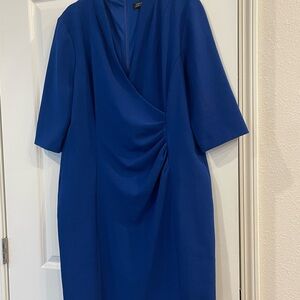 Royal blue Tahari dress elbow length sleeves. Gathers at shoulder and waist.